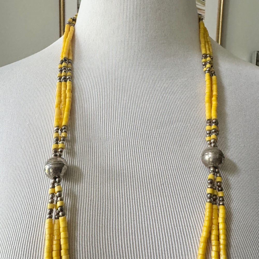 Vintage 1970s Yellow & Silver Beaded Statement Necklace Long Festival Boho - Picture 4 of 9